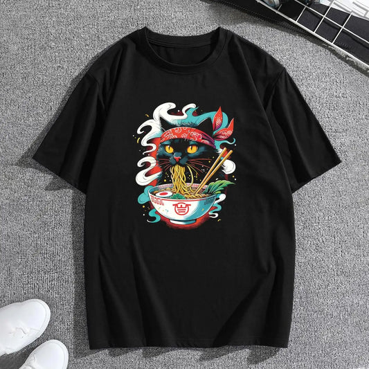 Men's Cool Cat Ramen T-Shirt: Japanese Anime Noodle Graphic Tee, Unique Streetwear for Ramen & Cat Lovers